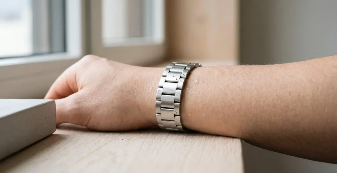 Bracelet en acier inoxydable 316L porté au poignet reflétant la lumière naturelle