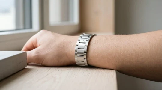 Bracelet en acier inoxydable 316L porté au poignet reflétant la lumière naturelle