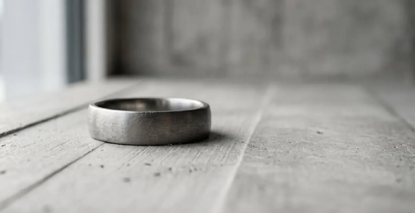 Gros plan d'une alliance masculine moderne en titane gris mat posée sur une surface minimaliste inspirée de l'architecture suisse