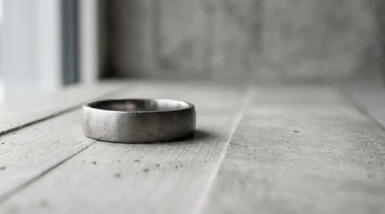 Gros plan d'une alliance masculine moderne en titane gris mat posée sur une surface minimaliste inspirée de l'architecture suisse