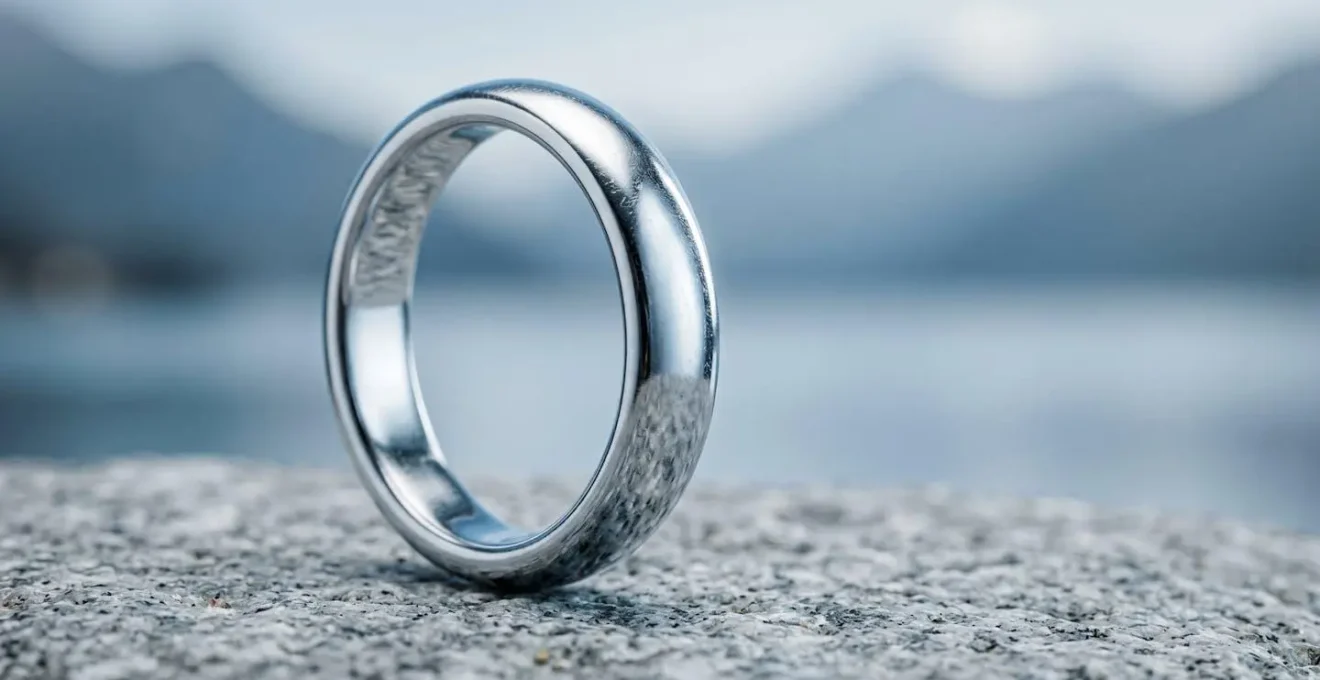 Bague en argent rhodié à la brillance éclatante posée sur une surface minérale évoquant la qualité horlogère suisse