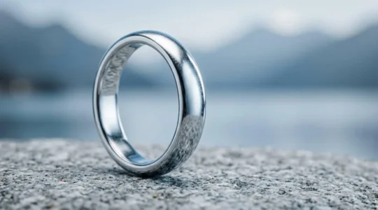 Bague en argent rhodié à la brillance éclatante posée sur une surface minérale évoquant la qualité horlogère suisse