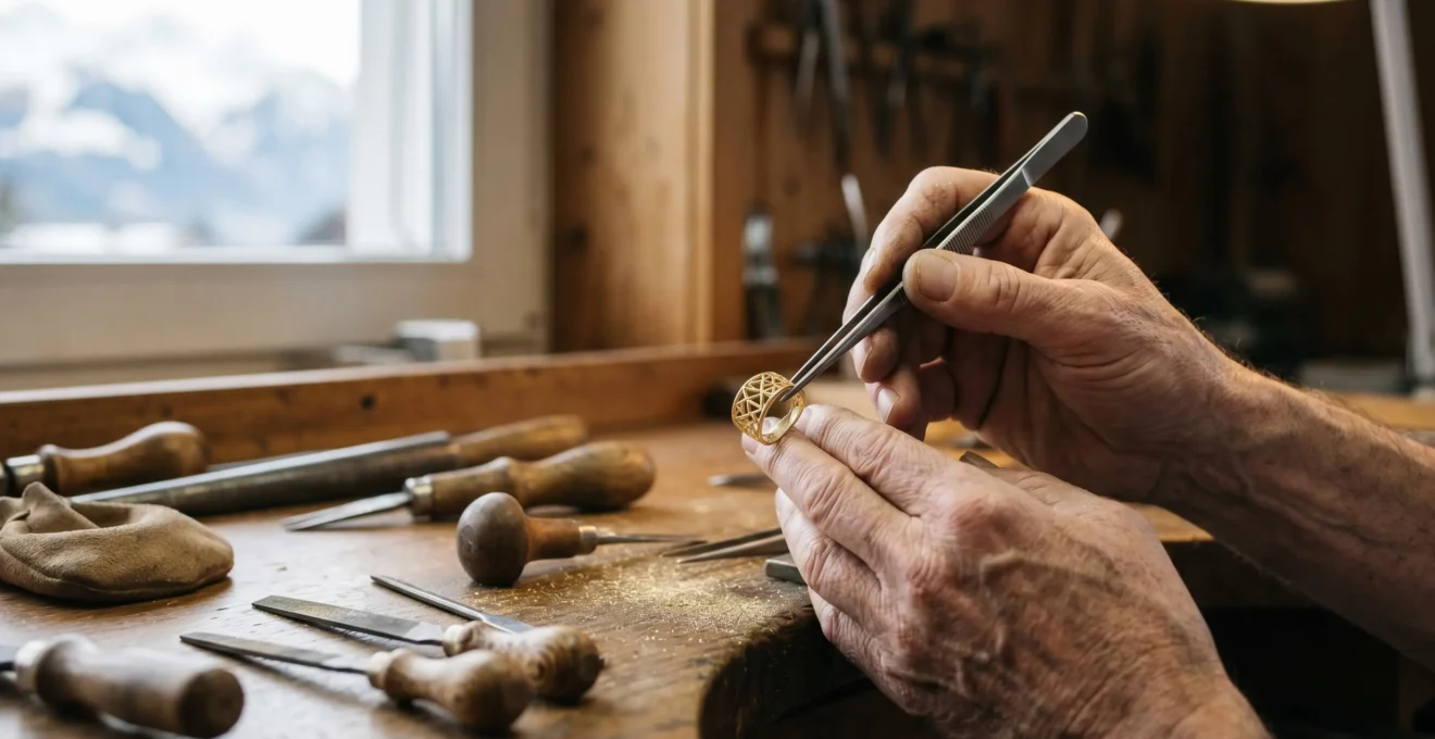 Bijou artisanal suisse en cours de fabrication dans un atelier traditionnel genevois, symbolisant l'éthique sociale supérieure