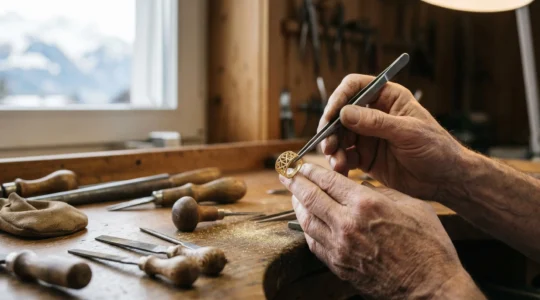 Bijou artisanal suisse en cours de fabrication dans un atelier traditionnel genevois, symbolisant l'éthique sociale supérieure