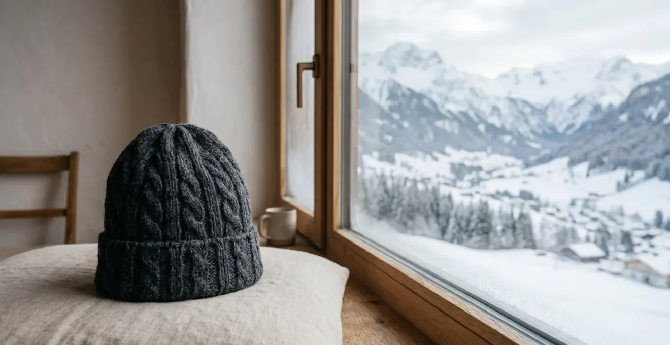 Bonnet en laine mérinos posé délicatement sur une surface douce avec un éclairage naturel chaleureux