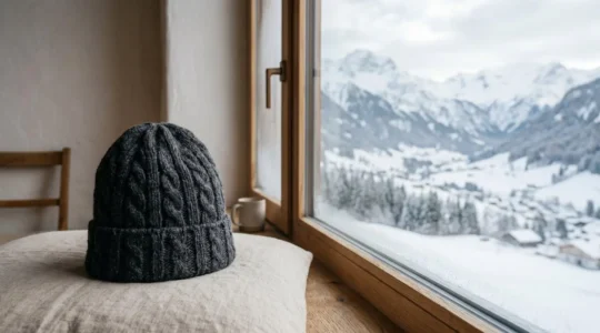 Bonnet en laine mérinos posé délicatement sur une surface douce avec un éclairage naturel chaleureux