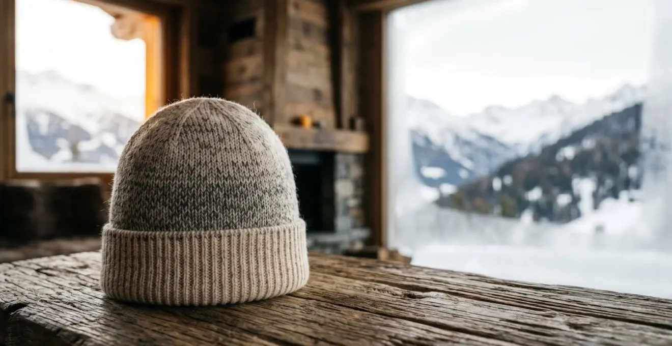 Bonnet en tricot de laine mérinos posé élégamment sur une surface naturelle en bois, avec un effet bokeh chaleureux en arrière-plan