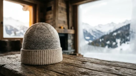 Bonnet en tricot de laine mérinos posé élégamment sur une surface naturelle en bois, avec un effet bokeh chaleureux en arrière-plan