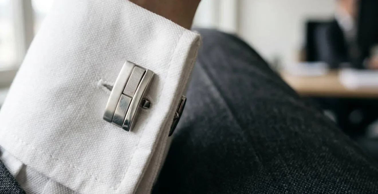 Gros plan sur des boutons de manchette élégants en métal sur une chemise à poignet mousquetaire, évoquant le raffinement masculin discret