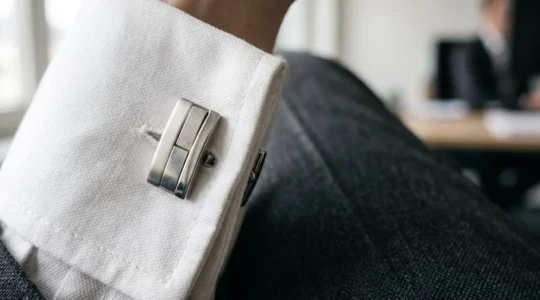 Gros plan sur des boutons de manchette élégants en métal sur une chemise à poignet mousquetaire, évoquant le raffinement masculin discret