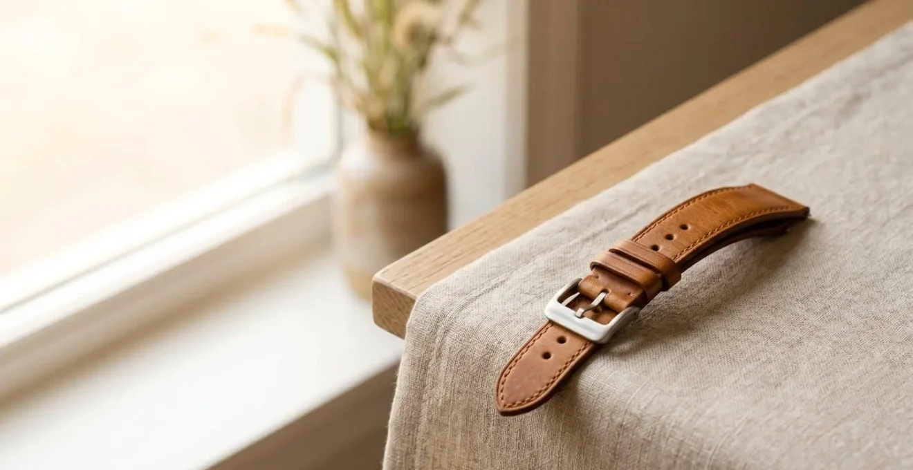 Bracelet de montre en cuir sur fond lumineux évoquant la chaleur estivale