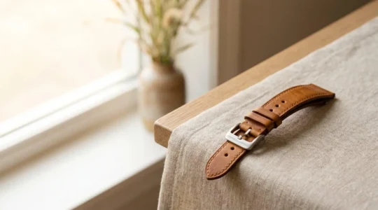 Bracelet de montre en cuir sur fond lumineux évoquant la chaleur estivale