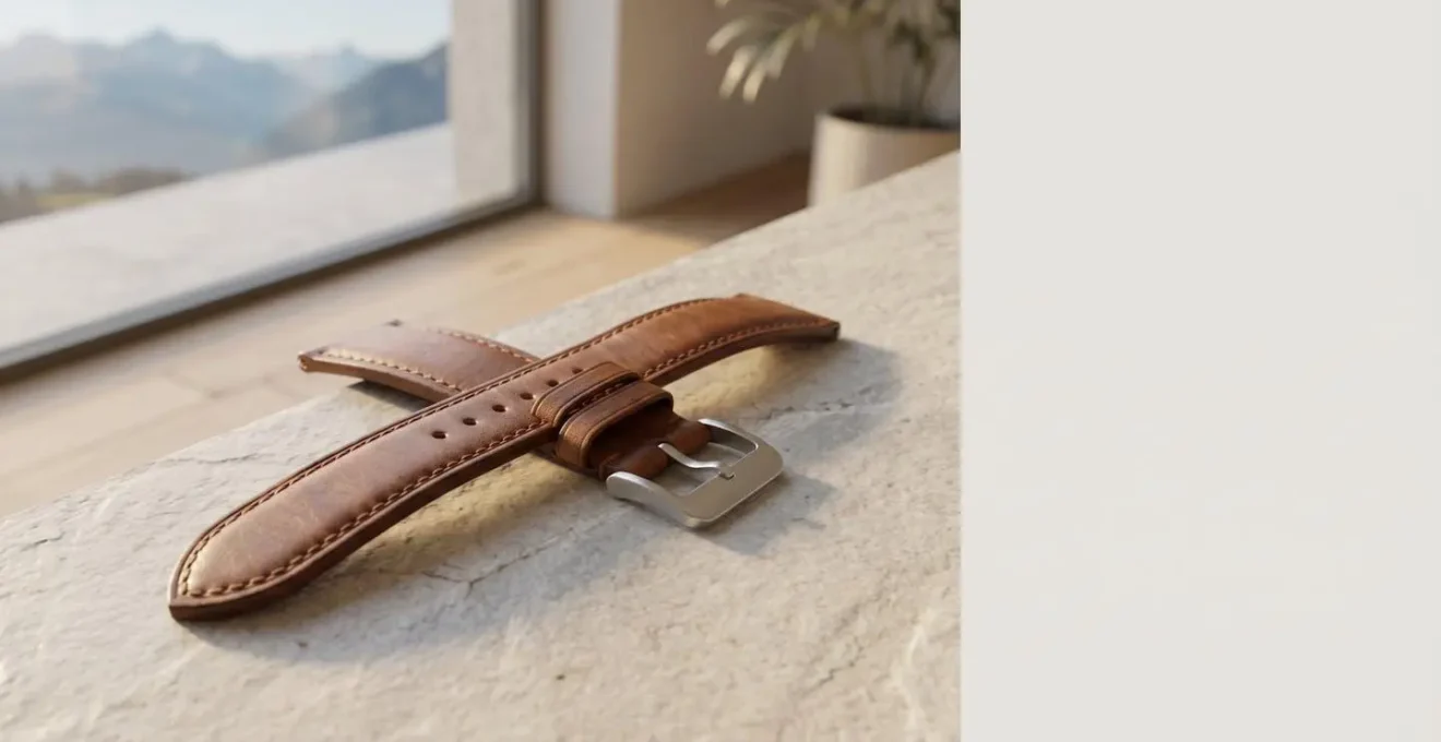 Bracelet de montre en cuir posé sur une surface naturelle avec lumière estivale