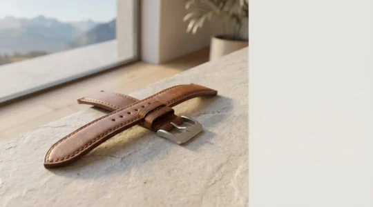 Bracelet de montre en cuir posé sur une surface naturelle avec lumière estivale