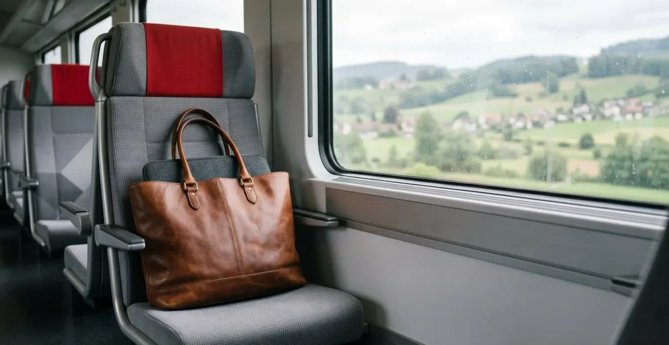 Cabas en cuir souple posé sur un siège de train avec ordinateur portable visible, gare suisse en arrière-plan
