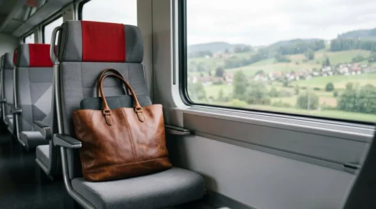 Cabas en cuir souple posé sur un siège de train avec ordinateur portable visible, gare suisse en arrière-plan
