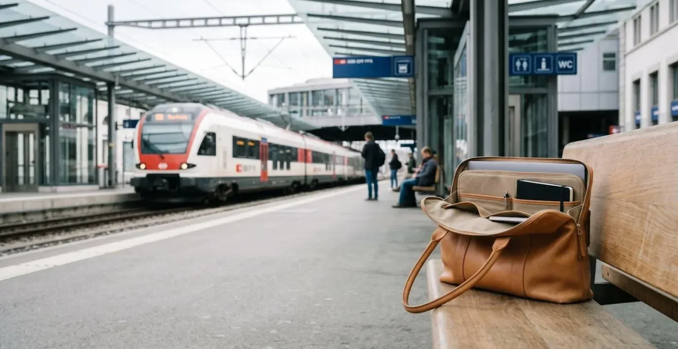 Femme professionnelle transportant un cabas élégant avec ordinateur dans un environnement urbain suisse
