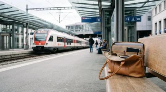 Femme professionnelle transportant un cabas élégant avec ordinateur dans un environnement urbain suisse