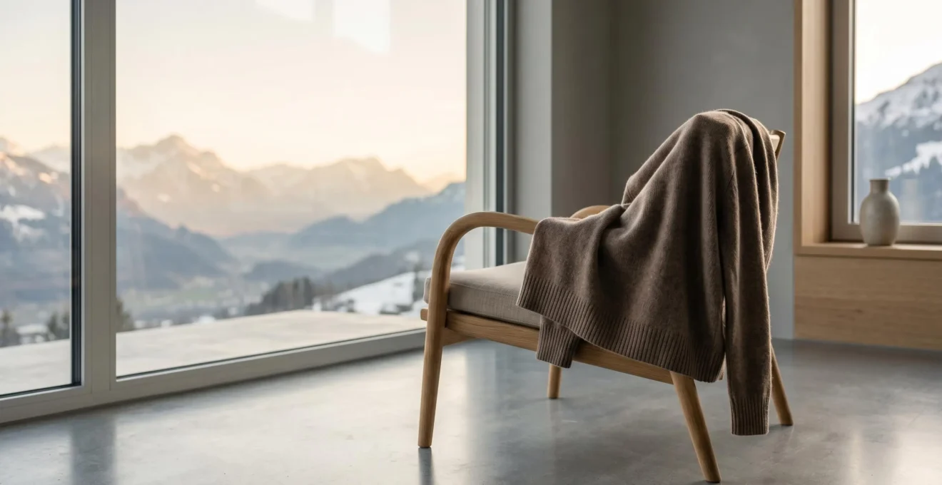 Pull en cachemire luxueux présenté dans un environnement alpin suisse élégant