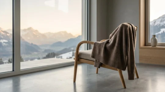 Pull en cachemire luxueux présenté dans un environnement alpin suisse élégant
