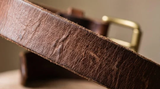 Détail macro d'une ceinture en cuir pleine fleur montrant la texture naturelle et la qualité artisanale