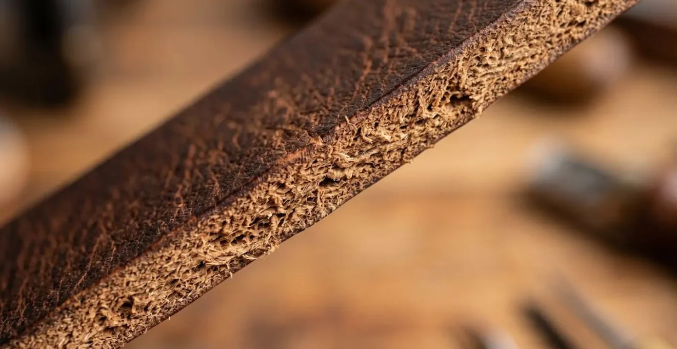 Gros plan d'une tranche de ceinture en cuir pleine fleur montrant les fibres naturelles denses et compactes