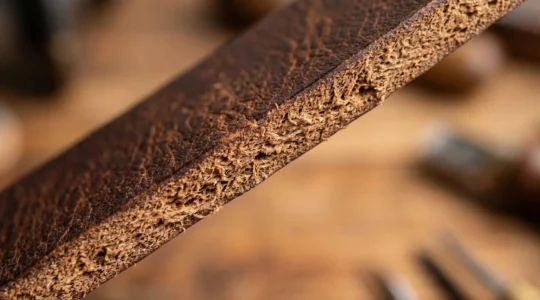 Gros plan d'une tranche de ceinture en cuir pleine fleur montrant les fibres naturelles denses et compactes