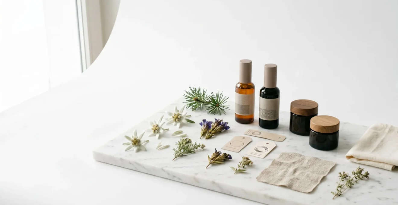 Composition minimaliste présentant des éléments naturels suisses et des symboles de certification cosmétique