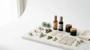Composition minimaliste présentant des éléments naturels suisses et des symboles de certification cosmétique
