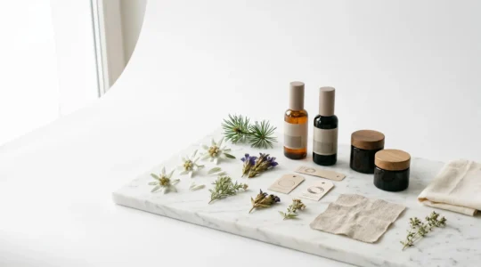 Composition minimaliste présentant des éléments naturels suisses et des symboles de certification cosmétique