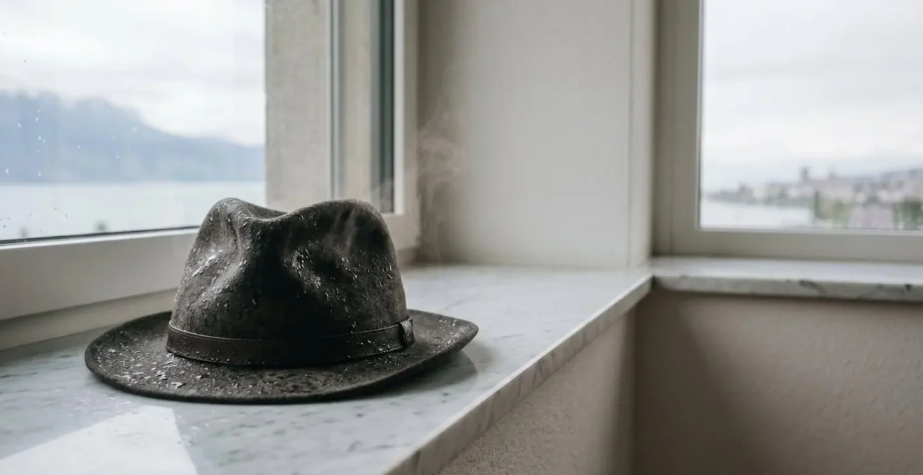 Chapeau fédora en feutre mouillé posé sur surface neutre avec gouttelettes d'eau