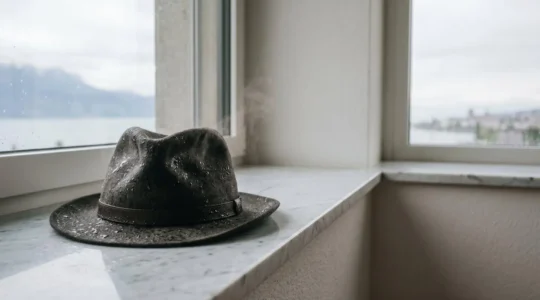 Chapeau fédora en feutre mouillé posé sur surface neutre avec gouttelettes d'eau