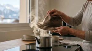Main tenant délicatement un chapeau en feutre déformé au-dessus de vapeur d'eau, dans un environnement domestique chaleureux