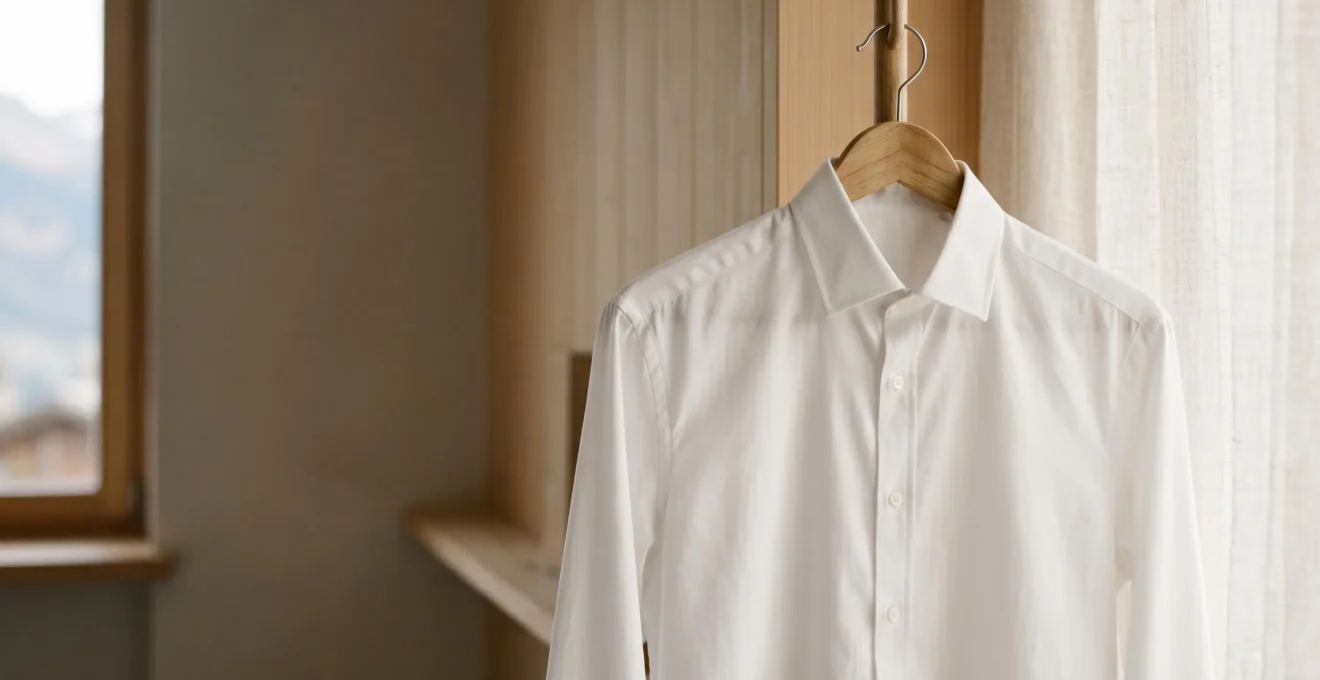 Chemise blanche parfaitement entretenue sur cintre dans environnement lumineux suisse
