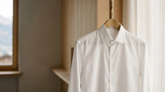 Chemise blanche parfaitement entretenue sur cintre dans environnement lumineux suisse