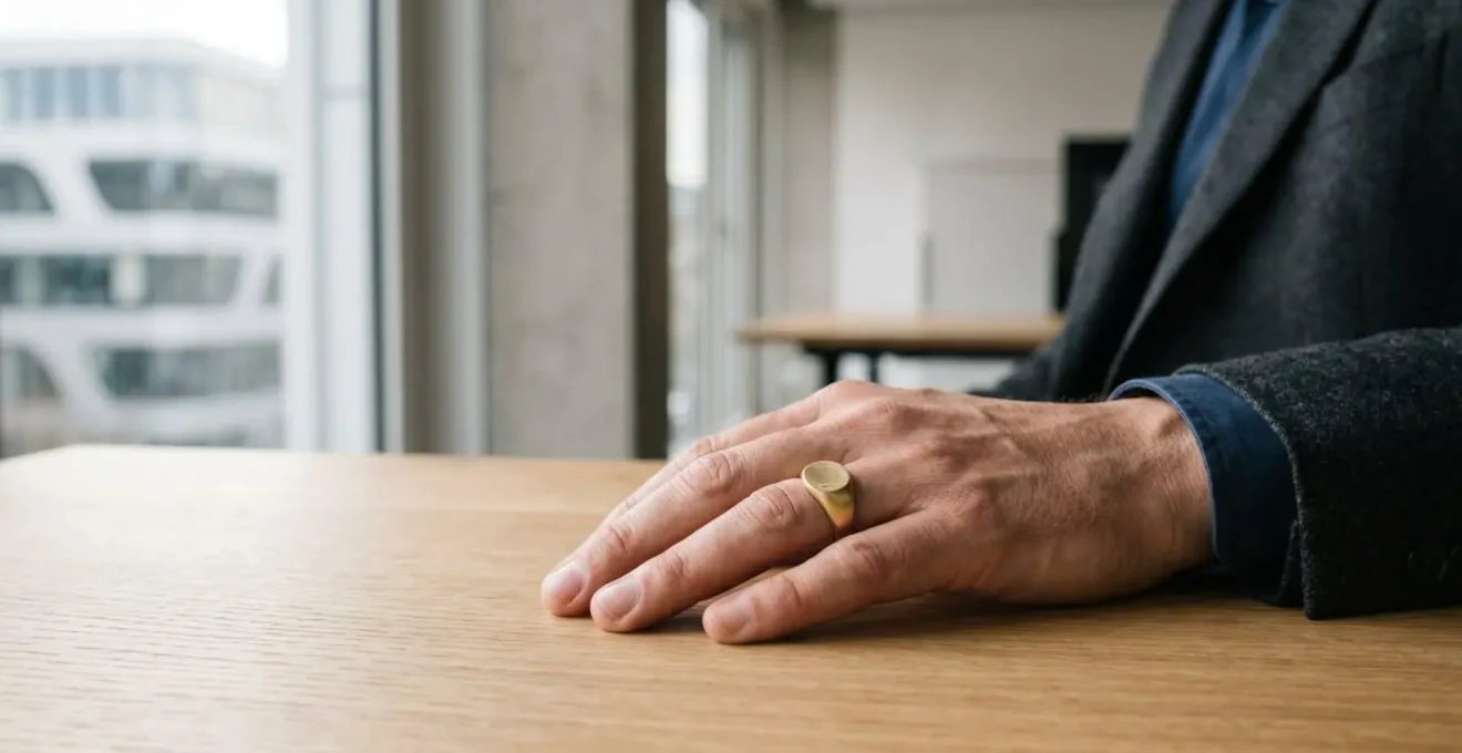 Gros plan d'une main masculine élégante portant une chevalière sobre sur l'auriculaire, dans un environnement professionnel suisse épuré