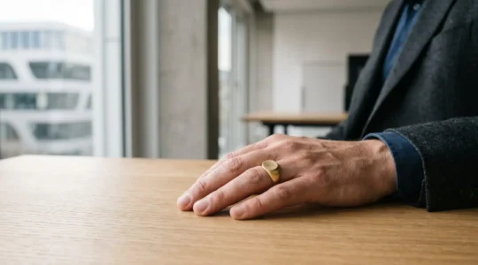 Gros plan d'une main masculine élégante portant une chevalière sobre sur l'auriculaire, dans un environnement professionnel suisse épuré