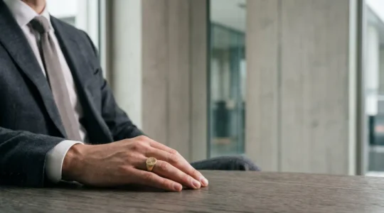 Gros plan d'une main masculine portant une chevalière discrète en or, composition minimaliste évoquant l'élégance suisse contemporaine