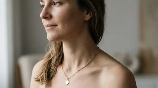 Portrait élégant mettant en valeur différentes longueurs de chaînes en or sur un cou féminin avec un arrière-plan minimaliste suisse