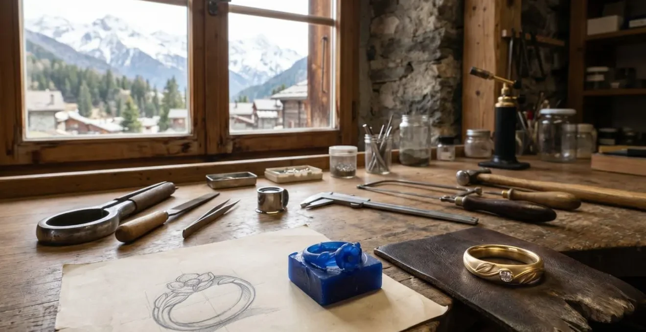 Vue d'atelier de joaillerie suisse montrant les étapes de création d'une bague sur mesure, du croquis à la pièce finie