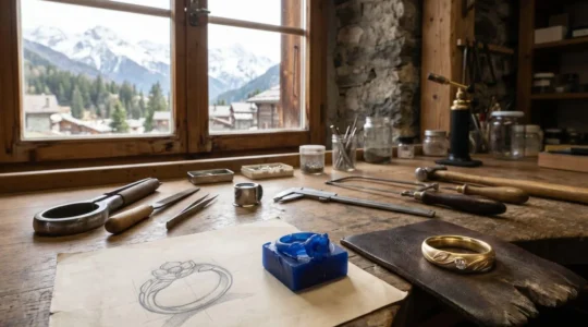 Vue d'atelier de joaillerie suisse montrant les étapes de création d'une bague sur mesure, du croquis à la pièce finie