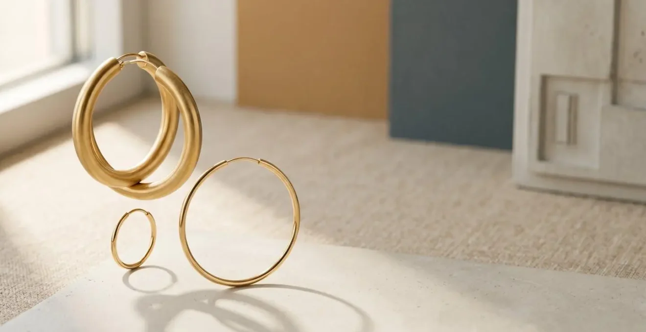 Créoles dorées de différents diamètres sur fond minimaliste pour visage carré