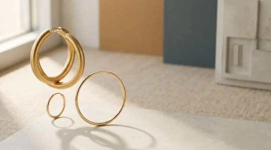 Créoles dorées de différents diamètres sur fond minimaliste pour visage carré
