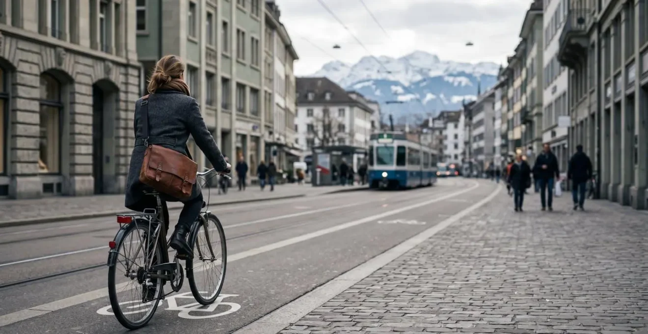 Cycliste urbain avec besace en cuir bien ajustée, pédalant en toute sécurité dans une ville suisse