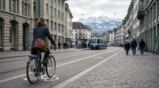 Cycliste urbain avec besace en cuir bien ajustée, pédalant en toute sécurité dans une ville suisse