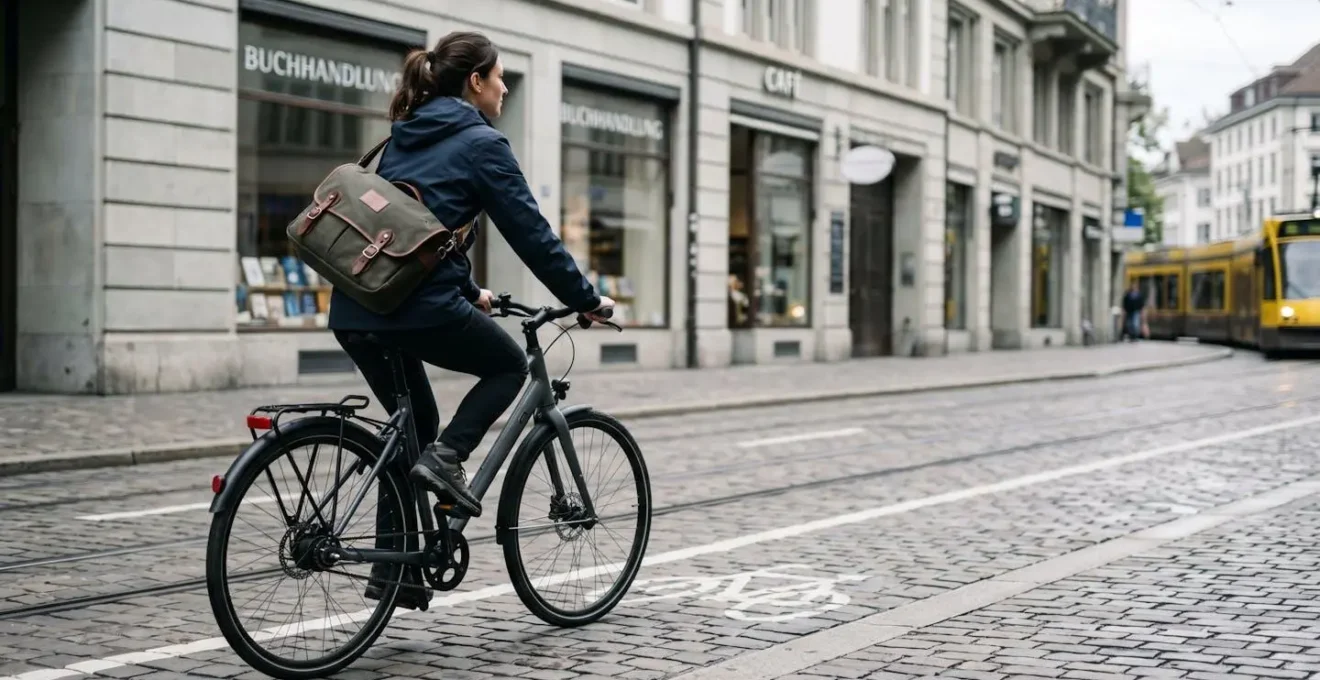 Cycliste en mouvement à vélo en ville avec une besace élégante bien ajustée qui ne glisse pas vers l'avant