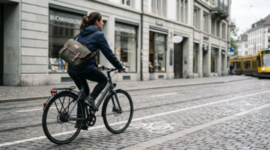 Cycliste en mouvement à vélo en ville avec une besace élégante bien ajustée qui ne glisse pas vers l'avant