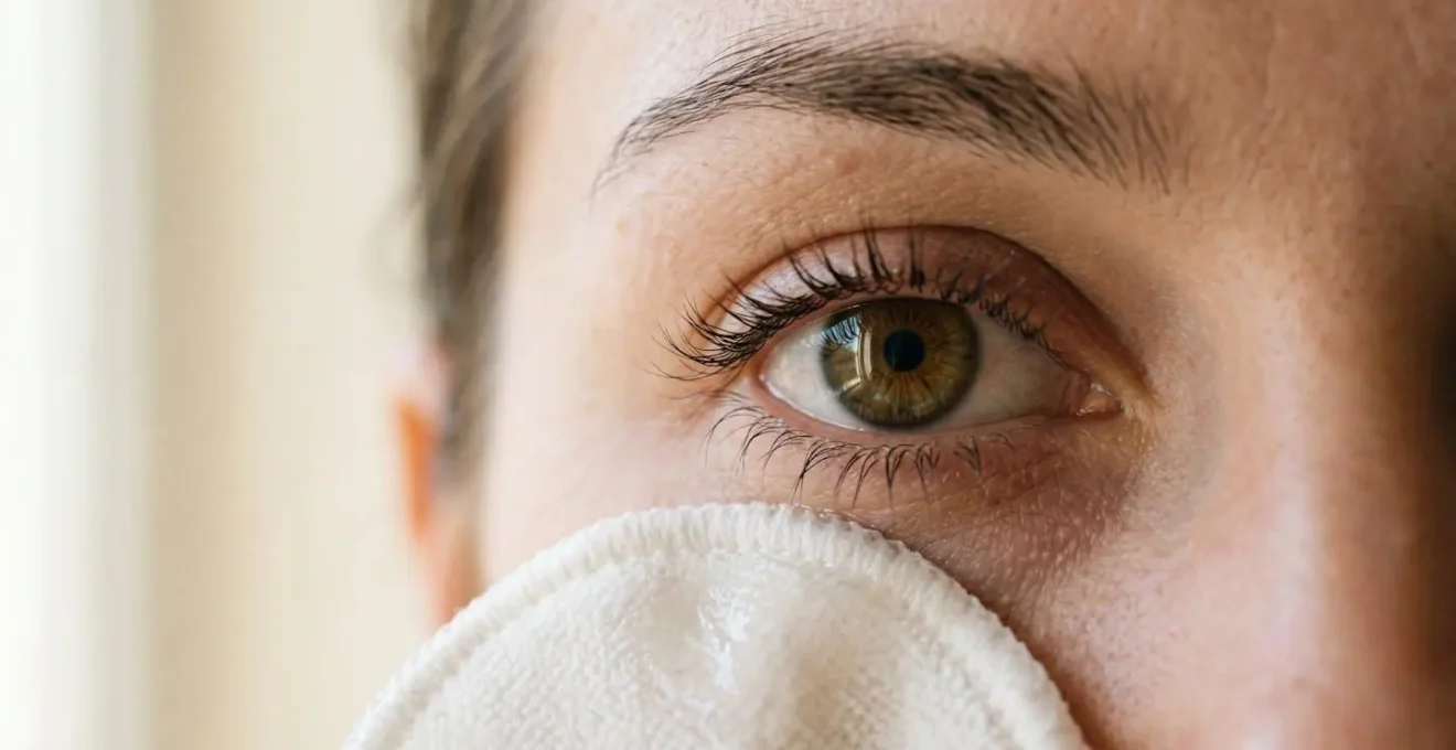 Gros plan sur un œil féminin avec des cils naturels et sains, démaquillage doux avec coton et produit huileux
