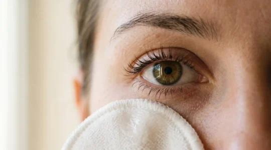 Gros plan sur un œil féminin avec des cils naturels et sains, démaquillage doux avec coton et produit huileux