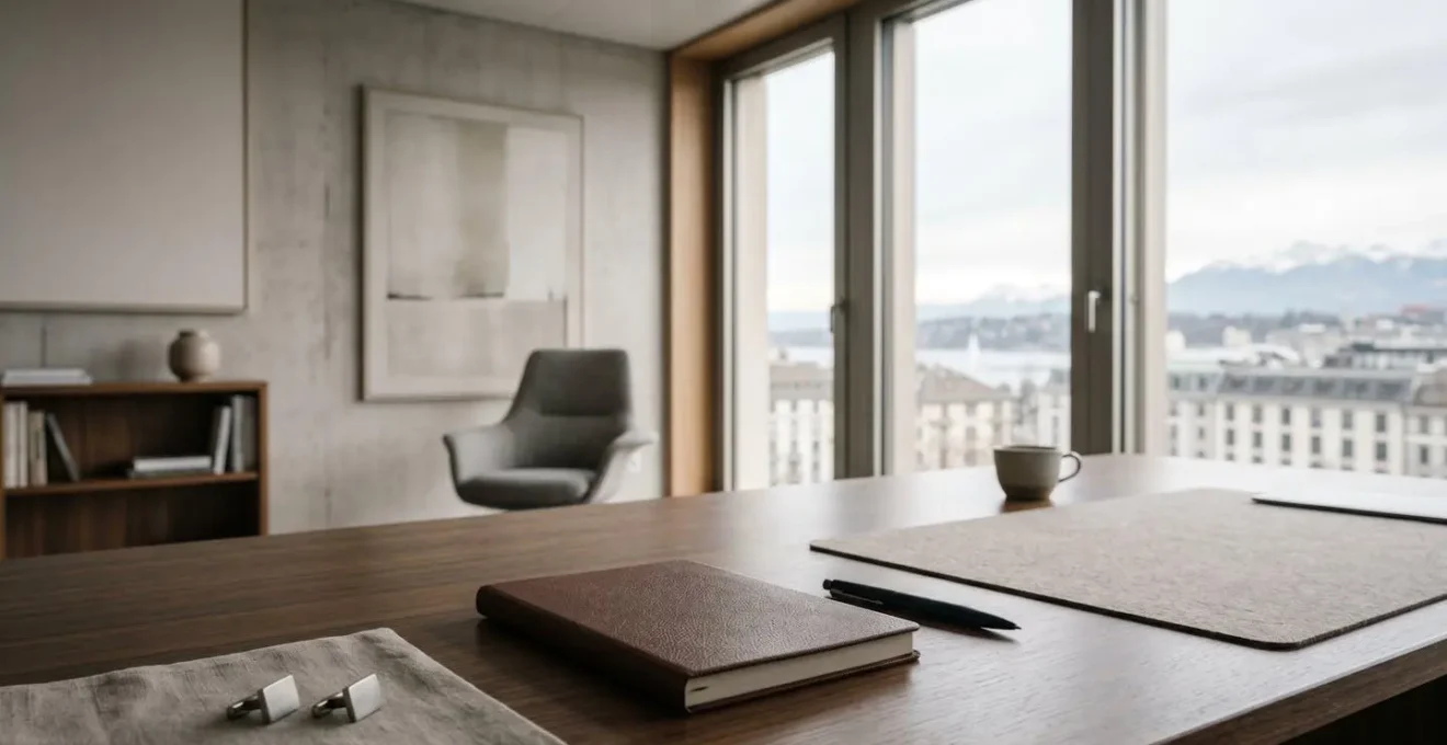 Mise en scène élégante et minimaliste évoquant la culture professionnelle suisse avec des éléments de bijouterie sobre